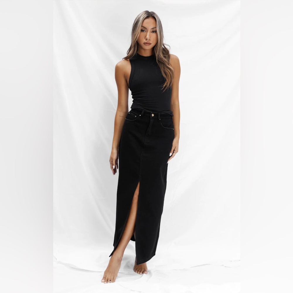 Black Maxi Skirt w/Front Slit - DENIM MAXI SKIRT- BLACK ALL THINGS GOLDEN NWT